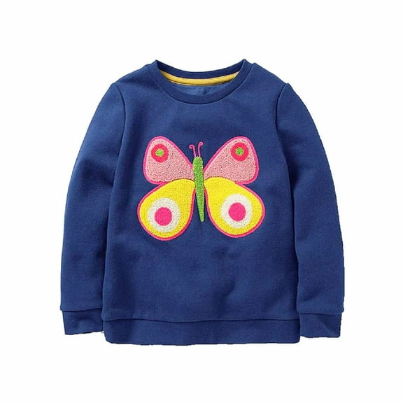 HILEELANG Toddler Girl Sweatshirts Navy Butterfly Printed Cotton Casual Crew Neck Long Sleeve Tops Shirt 2T