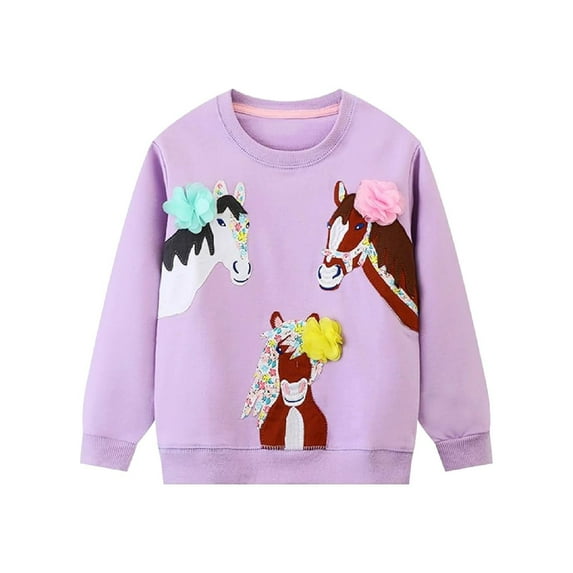 HILEELANG Toddler Girl Sweatshirts Purple Horse Printed Cotton Casual Crew Neck Long Sleeve Tops Shirt 5T