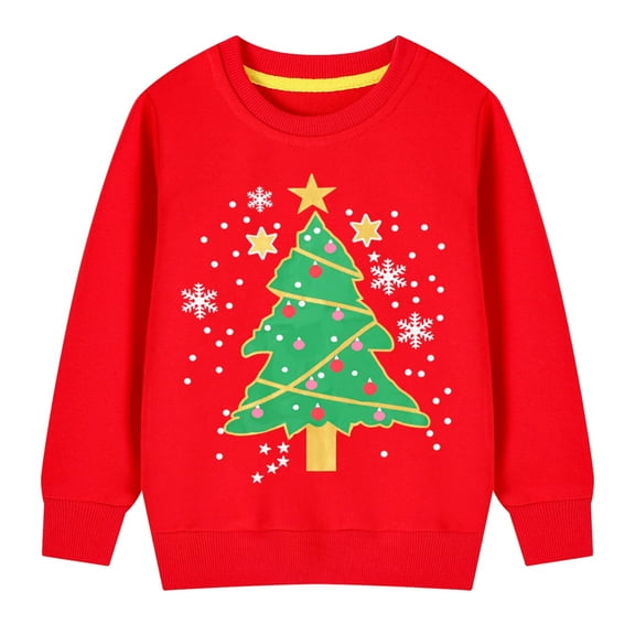 HILEELANG Toddler Girl Sweatshirts Red Christmas Tree Printed Cotton Casual Crew Neck Long Sleeve Tops Shirt 4T