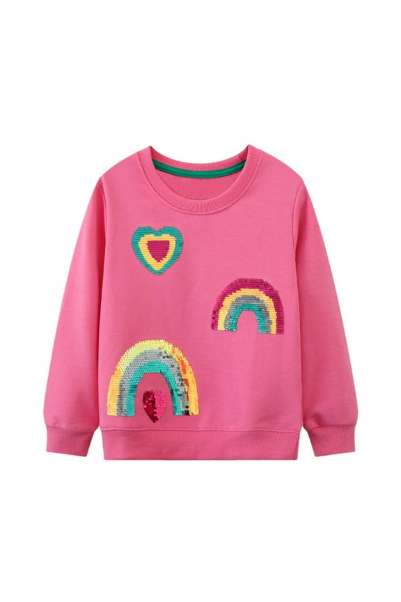 Toddler Girl Sweatshirts Rose Rainbow Heart Reversible Scales Applique Cotton Crewneck Pullover Tops Sweater Shirts 2T