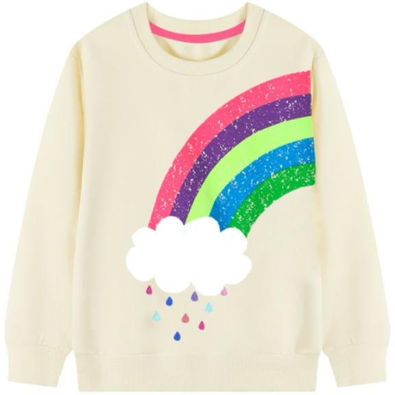 HILEELANG Toddler Girl White Sweatshirts Rainbow Graphic Crewneck Long Sleeve Pullover Cotton Top Sweater Shirts 4T