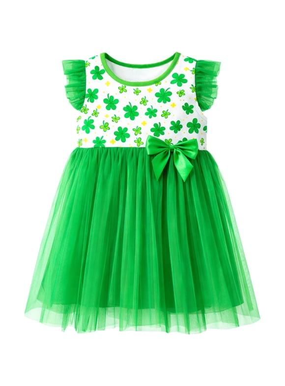 Toddler Girls 2–7T Cotton Summer Dress, Flutter Sleeve Clover Graphic Casual Dress, 4T