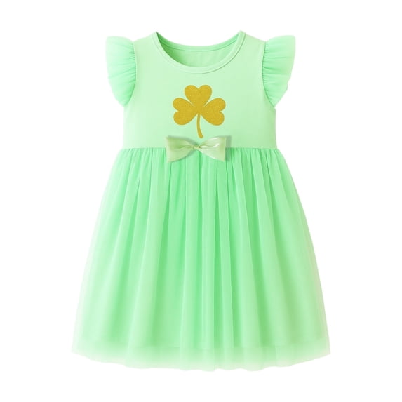 HILEELANG Toddler Girls 2–7T Cotton Summer Dress, Flutter Sleeve Clover Casual Dress, 3T