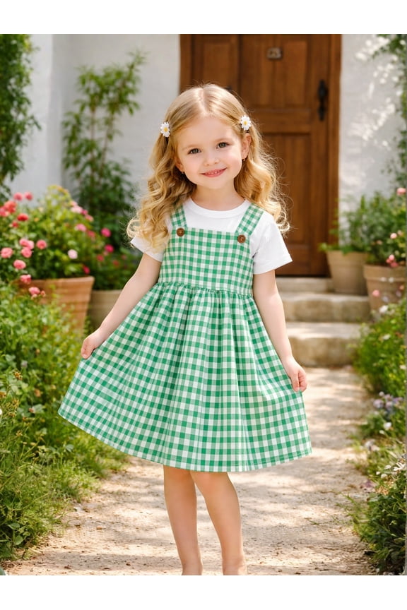 2-7T Toddler/Little Girls Green Gingham 100% Cotton Dress Size 4T