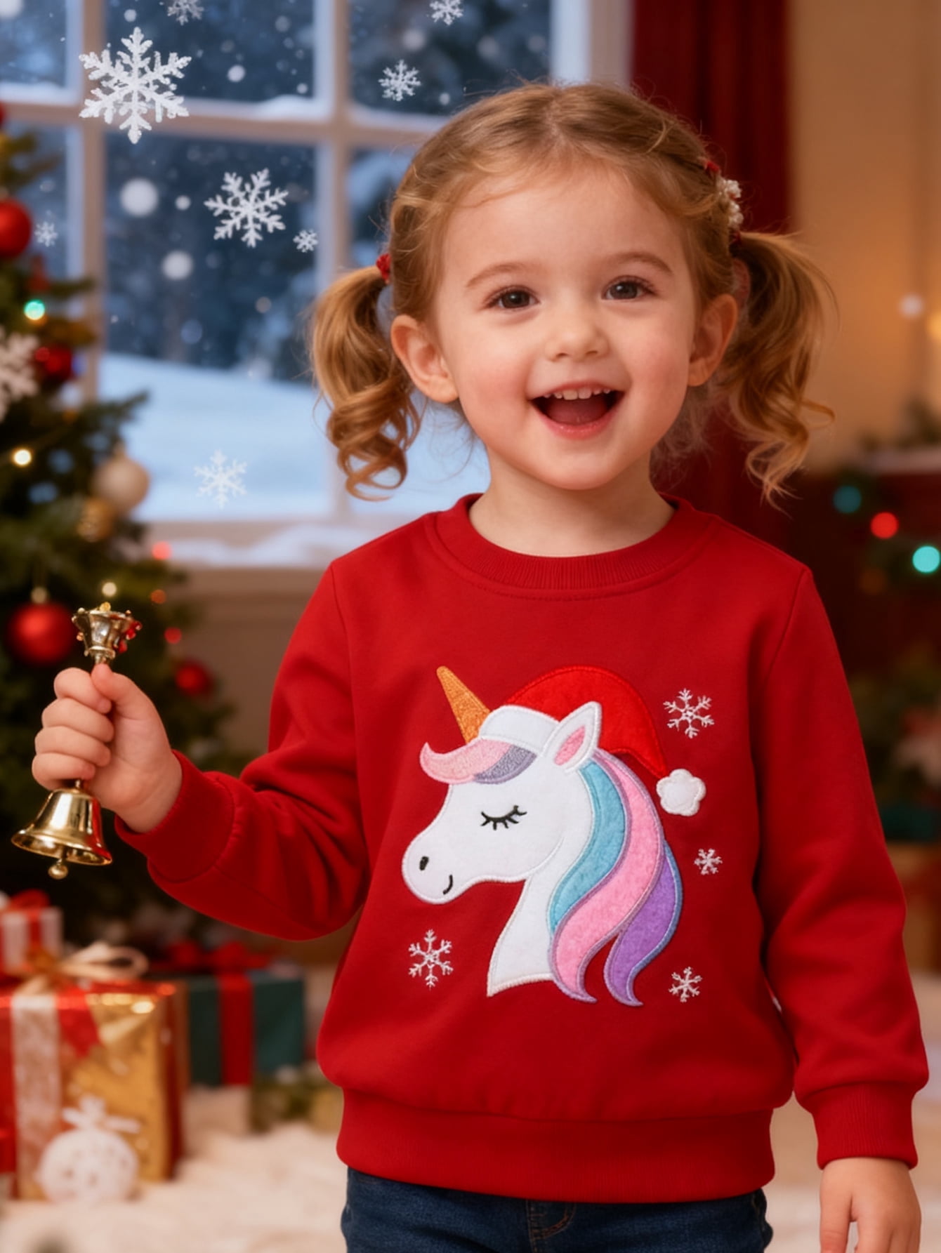 Toddler Girls(2-7Y) Christmas Red Sweatshirt - Kids Festive Unicorn Pullover Holiday Crewneck Tops Long Sleeve 5T