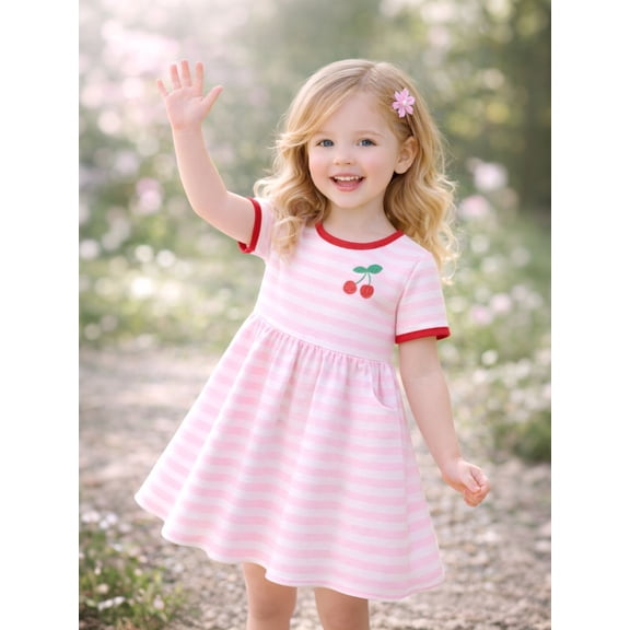 HILEELANG 2-8 Toddler Girls Pink White Stripe Cherry Summer Play Dress Size 5T