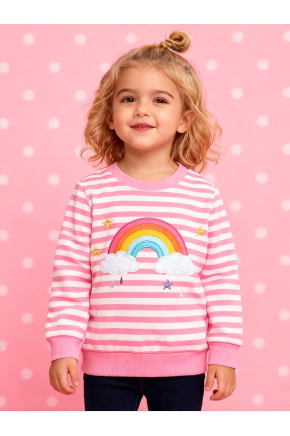 Toddler Girls(2-8Y) Sweatshirt -Pink Stripe Rainbow Pullover Crewneck Holiday Tops Long Sleeve 5T