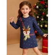 HILEELANG Little Girl Christmas Dress Red Dot Deer Elk Santa Applique Long Sleeve Cotton Casual Tunic Shirt Outfits Dresses Size 6