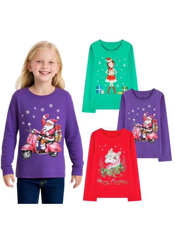 Toddler Girls'Christmas Long Sleeve Tee Shirt Cotton Crewneck Santa Claus Graphic Tops T-Shirts Blue Yellow Pink 3 Packs Sets 4T