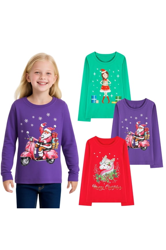 Toddler Girls'Christmas Long Sleeve Tee Shirt Cotton Crewneck Santa Claus Graphic Tops T-Shirts Blue Yellow Pink 3 Packs Sets 4T