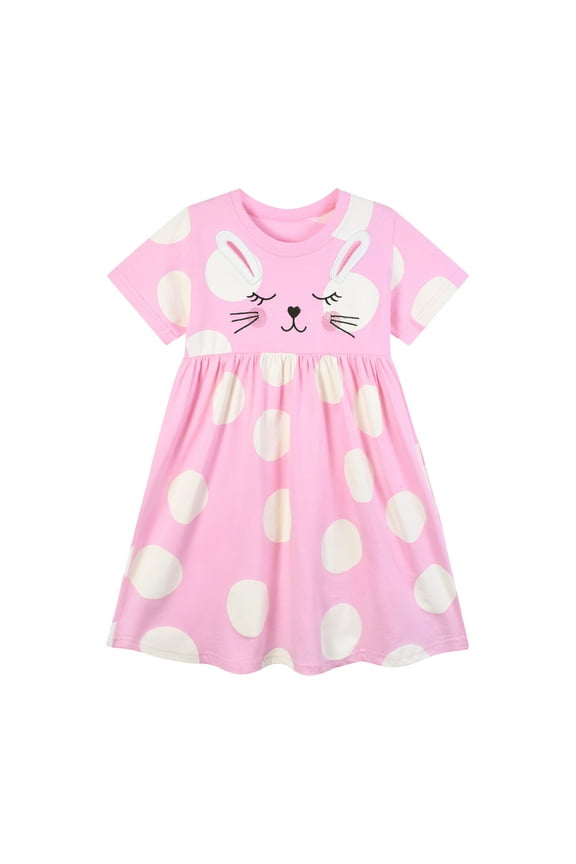 Toddler Girls Cotton Dress Short Sleeve Casual Summer Sundress Easter Rabbit Printed Jumper Skirt 3T