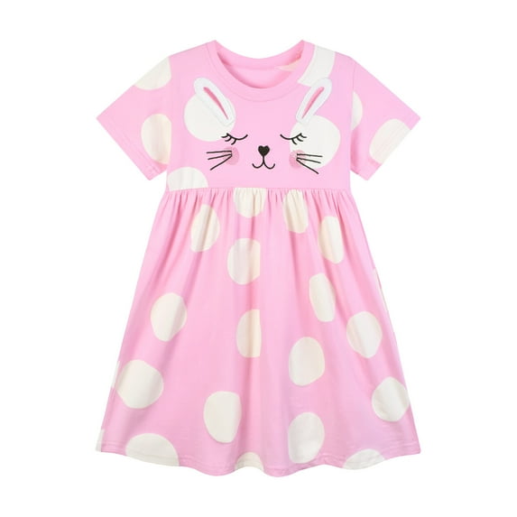 HILEELANG Toddler Girls Cotton Dress Short Sleeve Casual Summer Sundress Easter Rabbit Printed Jumper Skirt 3T