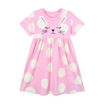 HILEELANG Toddler Girls Cotton Dress Short Sleeve Casual Summer Sundress Easter Rabbit Printed Jumper Skirt 5T