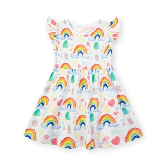 HILEELANG Toddler Girls Cotton Dress Short Sleeve Casual Summer Sundress Rainbow Printed Jumper Skirt 4T