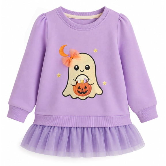 HILEELANG Toddler Girls Cute Ghost Pumpkin Halloween Sweatshirt Dress Purple Tutu Hem Long Sleeve Pullover 2-7T
