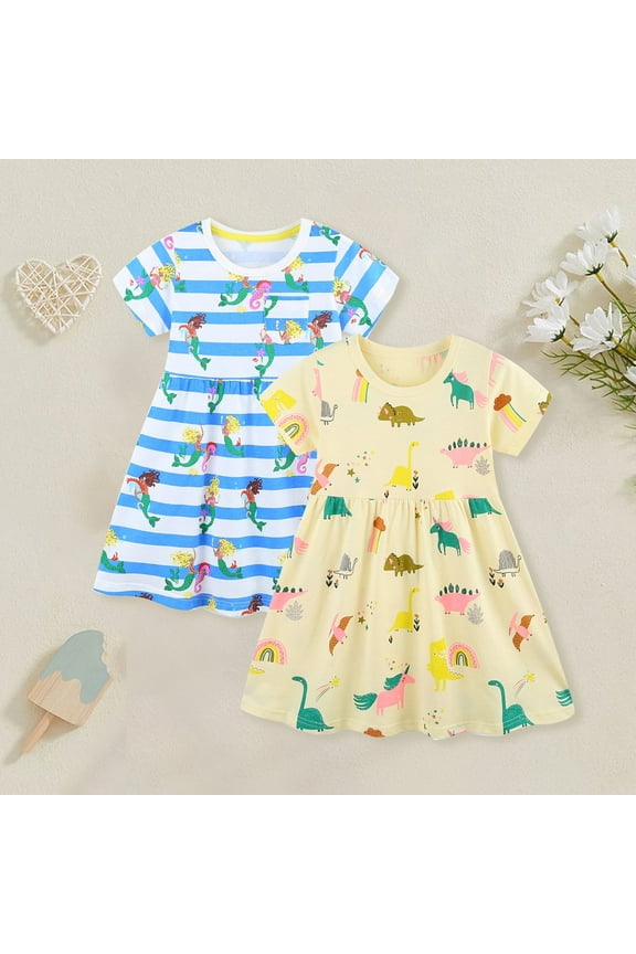 Toddler Girls Short Sleeve Dress Spring Summer Cotton Casual Blue Mermaid Yellow Animals Printed Jersey Shirt Dresses 2 Packs 3T
