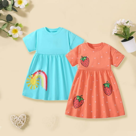 HILEELANG Toddler Girls Short Sleeve Dress Spring Summer Cotton Casual Blue Orange Strawberry Printed Jersey Shirt Dresses 2 Packs 2T