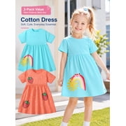 Toddler Little Girls 2 Pack Short Sleeve Dresses, Soft Cotton Summer Play Dress Set for Vacation Birthday Everyday Wear, 2T-7T