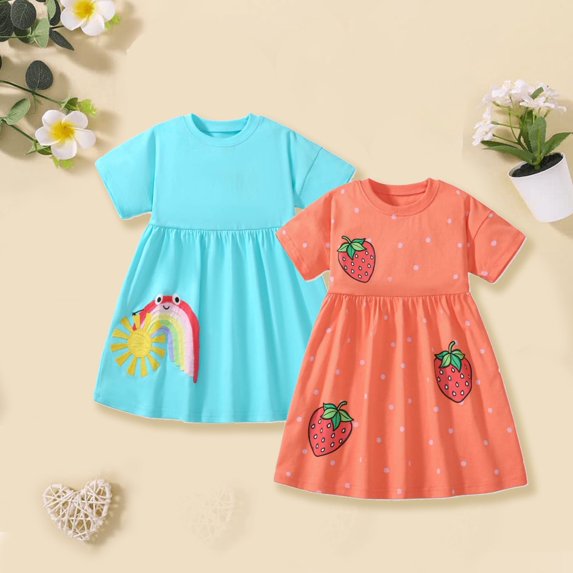HILEELANG Toddler Girls Short Sleeve Dress Spring Summer Cotton Casual Blue Orange Strawberry Printed Jersey Shirt Dresses 2 Packs 5T