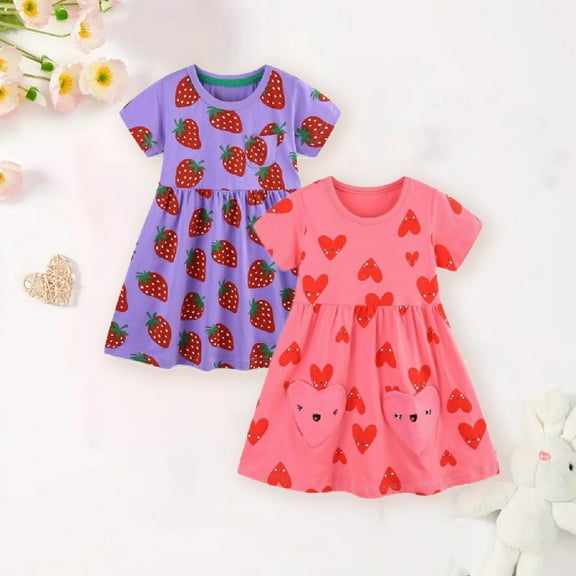 HILEELANG Toddler Girls Short Sleeve Dress Spring Summer Cotton Casual Pink Heart Purple Strawberry Printed Jersey Shirt Dresses 2 Packs 3T