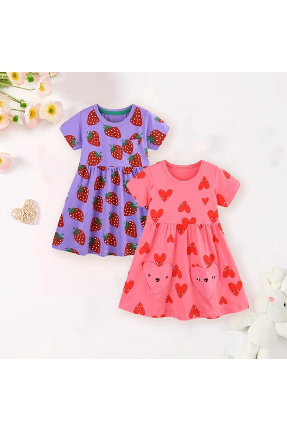 Toddler Girls Short Sleeve Dress Spring Summer Cotton Casual Pink Heart Purple Strawberry Printed Jersey Shirt Dresses 2 Packs 3T