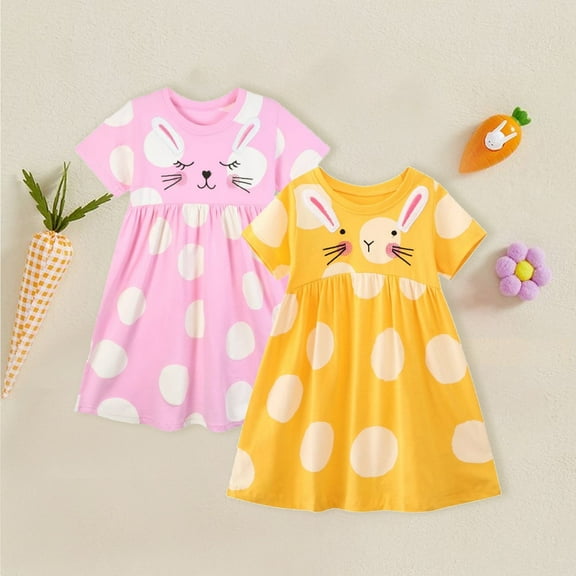 HILEELANG Toddler Girls Short Sleeve Dress Spring Summer Cotton Casual Pink Yellow Bunny Printed Jersey Shirt Dresses 2 Packs 2T
