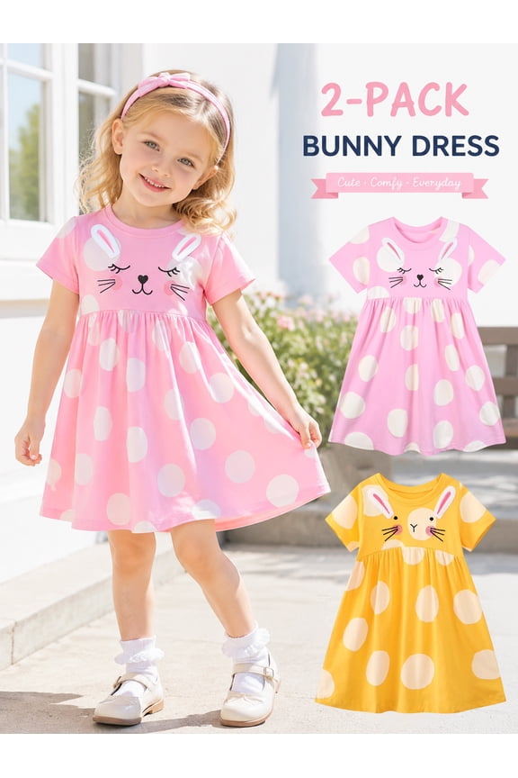 Toddler Little Girls 2 Pack Bunny Print Dresses, Short Sleeve Casual Summer Play Dress Set, 2T-7T