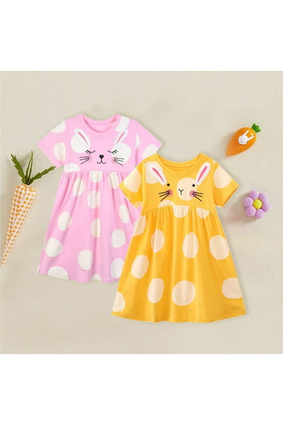 Toddler Girls Short Sleeve Dress Spring Summer Cotton Casual Pink Yellow Bunny Printed Jersey Shirt Dresses 2 Packs 5T