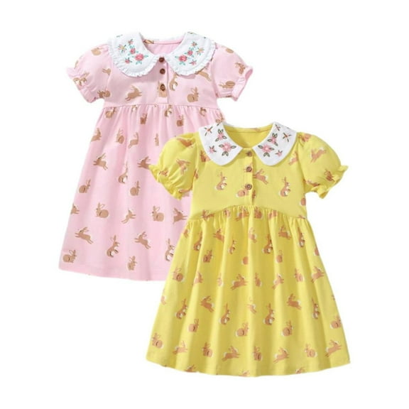 HILEELANG Toddler Girls Short Sleeve Peter Pan Collar Dress Spring Summer Cotton Casual Pink Yellow Bunny Printed Jersey Shirt Dresses 2 Packs 4T