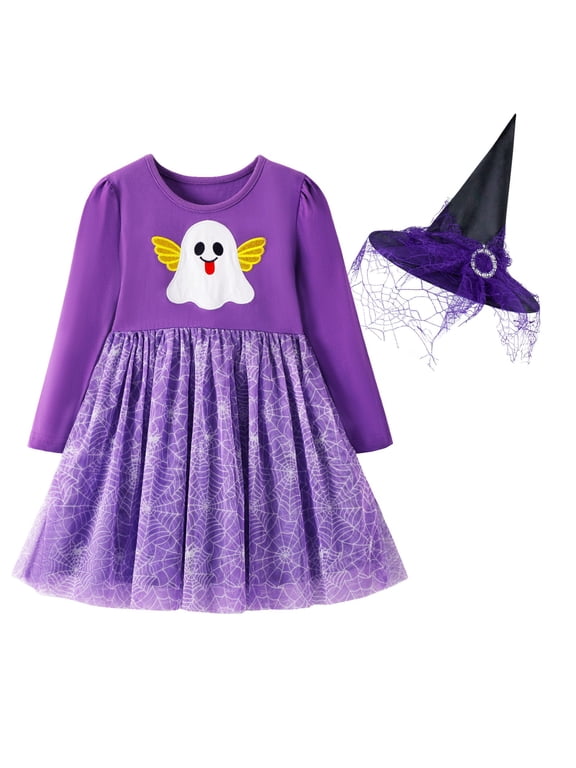 Toddler Girls Halloween Dress 2–7Y, Long Sleeve Pumpkin Ghost Black Cat Print Tulle Skirt with Witch Hat 3 years old