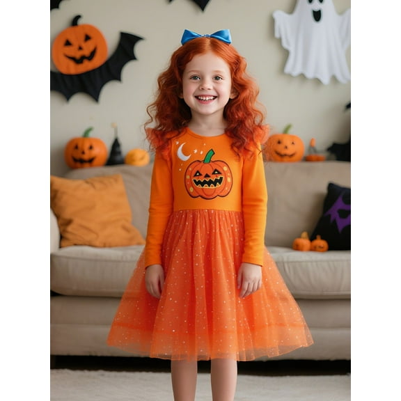 HILEELANG Toddler Girls Halloween Dress 2–7Y, Long Sleeve Pumpkin Ghost Black Cat Print Tulle Skirt with Witch Hat 3 years old