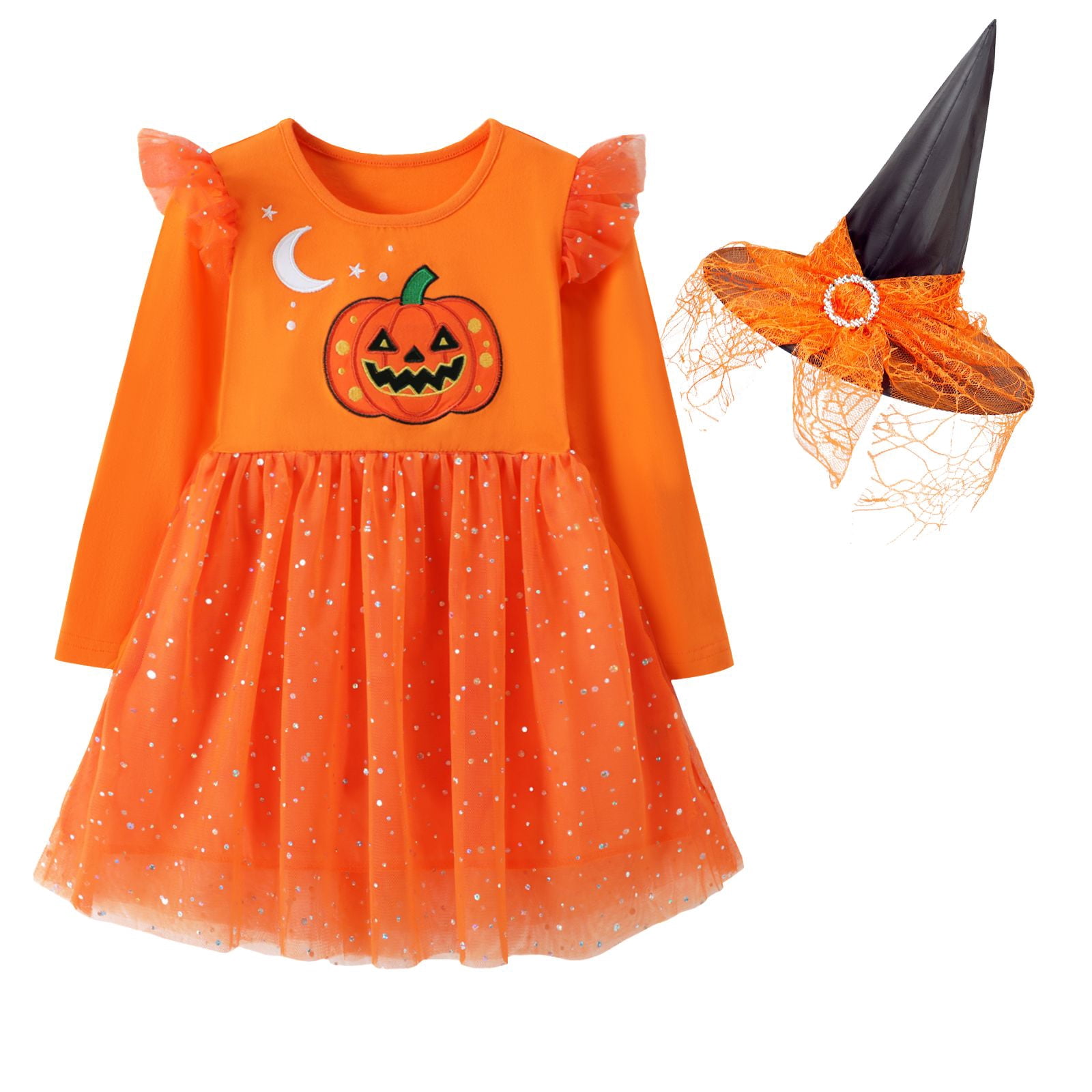 Toddler Girls Halloween Dress 2–7Y, Long Sleeve Pumpkin Ghost Black Cat Print Tulle Skirt with Witch Hat 3 years old