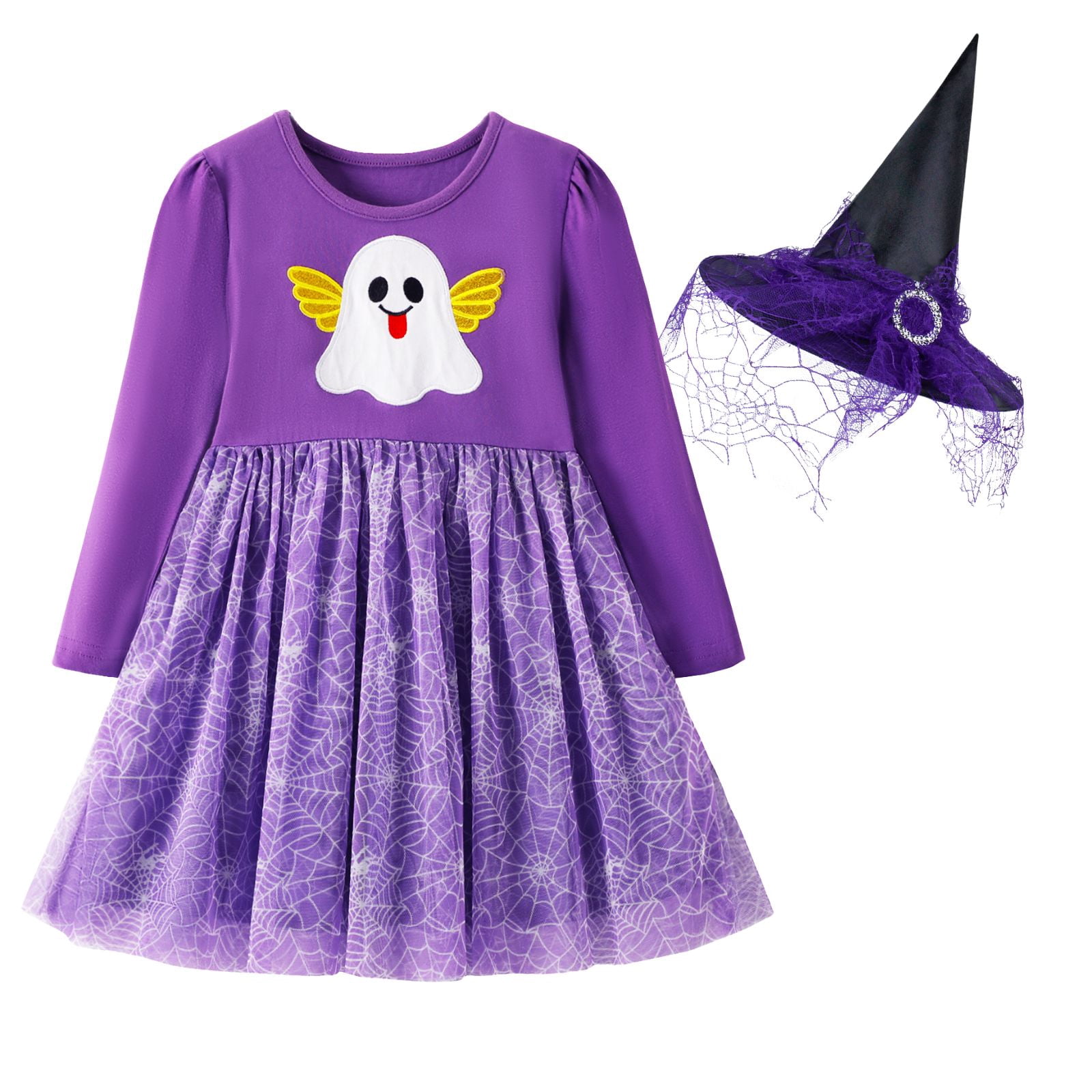 HILEELANG Toddler Girls Halloween Dress 2–7Y, Long Sleeve Pumpkin Ghost Black Cat Print Tulle Skirt with Witch Hat 4 years old