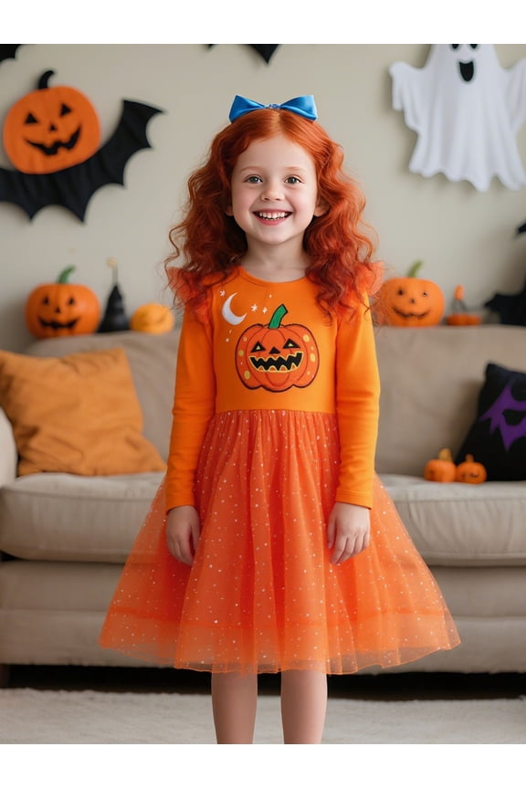 Toddler Girls Halloween Dress 2–7Y, Long Sleeve Pumpkin Ghost Black Cat Print Tulle Skirt with Witch Hat 4 years old
