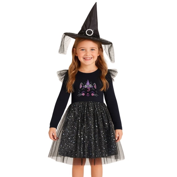 HILEELANG Toddler Girls Halloween Dress 2–7Y, Long Sleeve Pumpkin Ghost Black Cat Print Tulle Skirt with Witch Hat 5 years old