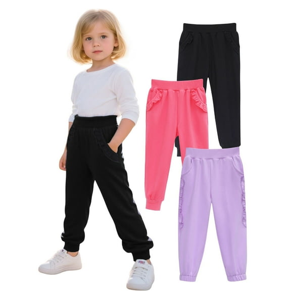 HILEELANG Toddler Girls' Jogger Pants 3-Pack Pull on Cotton French Terry Solid Grey Navy pink Ruffle Pocket SweatPants 3Y