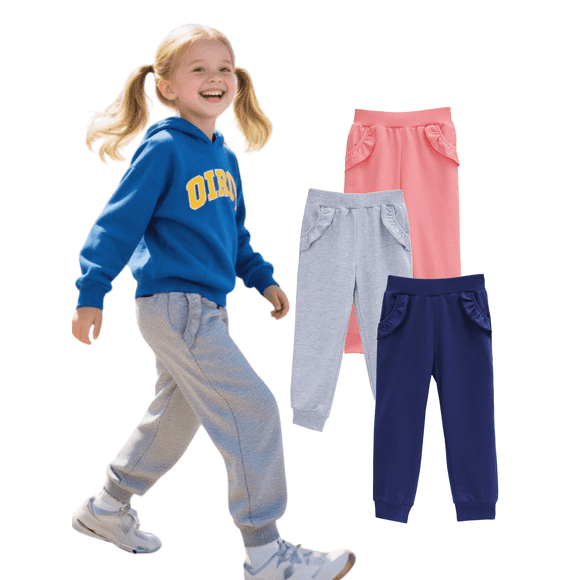 HILEELANG Toddler Girls' Jogger Pants 3-Pack Pull on Cotton French Terry Solid Grey Navy pink Ruffle Pocket SweatPants 3Y