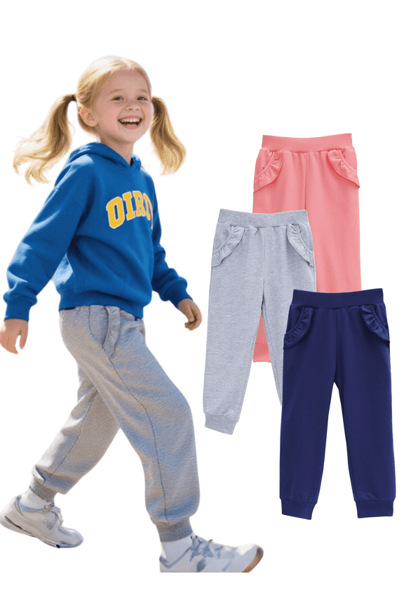 Toddler Girls' Jogger Pants 3-Pack Pull on Cotton French Terry Solid Grey Navy pink Ruffle Pocket SweatPants 3Y