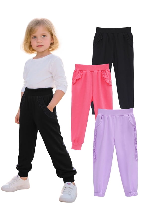 Toddler Girls' Jogger Pants 3-Pack Pull on Cotton French Terry Solid Grey Navy pink Ruffle Pocket SweatPants 4Y