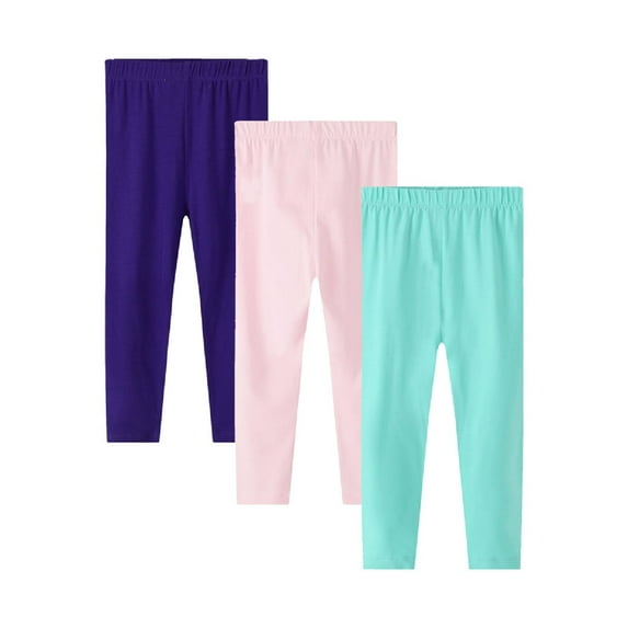 HILEELANG Toddler Girls Leggings 3-Pack Set Cotton Casual Solid Pink Green Tights Pants 3T