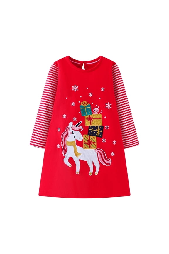 Toddler Girls Long Sleeve Christmas Dress Cotton Casual Red Strip Unicorn Applique Jersey Shirt Playwear Dresses 4T