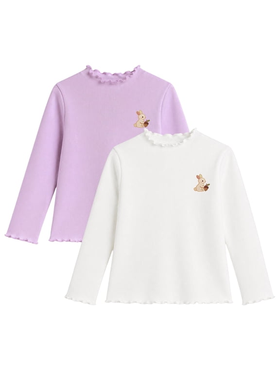 Girls 2 Pack Ribbed Long Sleeve Shirts, Cotton Stretch Mock Neck Ruffle Tops, Lavender and White, 2-7Y