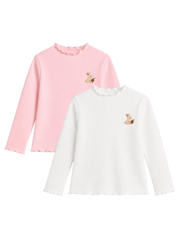 Girls 2 Pack Ribbed Long Sleeve Shirts, Cotton Stretch Mock Neck Ruffle Tops, Pink and White, 2-7Y