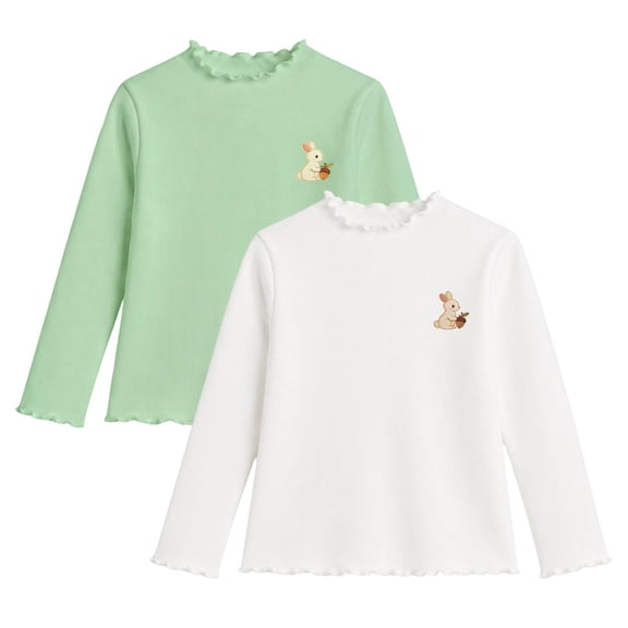 HILEELANG Girls 2 Pack Ribbed Long Sleeve Shirts, Cotton Stretch Mock Neck Ruffle Tops, Mint Green and White, 2-7Y