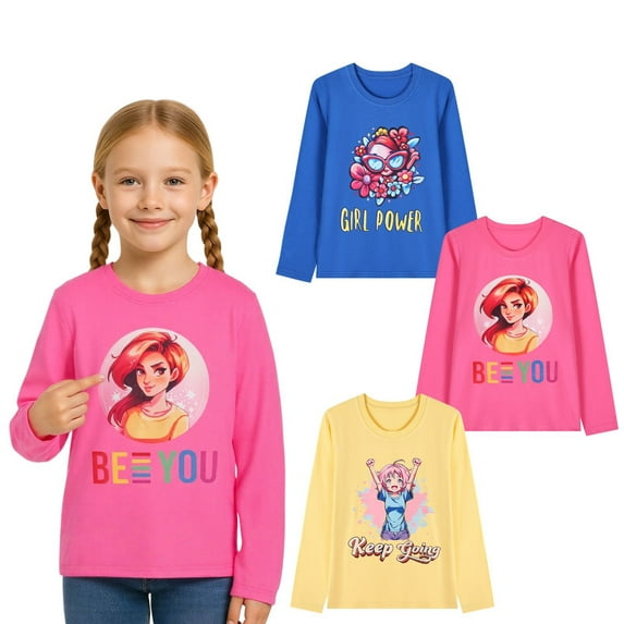 HILEELANG Toddler Girls' Long Sleeve Tee Shirt Cotton Crewneck Girs Graphic Tops T-Shirts Blue Yellow Pink 3 Packs Sets 4T