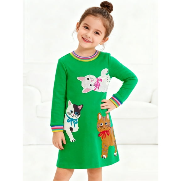 HILEELANG Toddler Girls Long Sleeved Dresses Christmas Winter Cotton Casual Cute Green Cat Cartoon Pattern Dress 2T