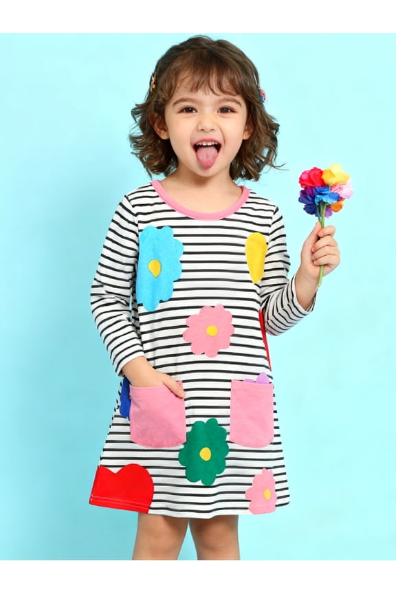 Toddler Girls Long Sleeved Dresses Christmas Winter Cotton Casual Cute Party Stripe Flowers Pattern Dress 2T