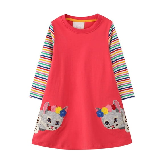 HILEELANG Toddler Girls Long Sleeved Dresses Christmas Winter Cotton Casual Cute Pink Cat Cartoon Pattern Dress 4T