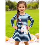 HILEELANG Toddler Girls Long Sleeved Dresses Christmas Winter Cotton Casual Cute Stripe Unicorn Cartoon Pattern Dress 2T