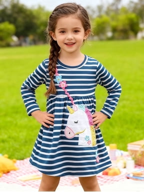 Toddler Girls Long Sleeved Dresses Christmas Winter Cotton Casual Cute Stripe Unicorn Cartoon Pattern Dress 5T